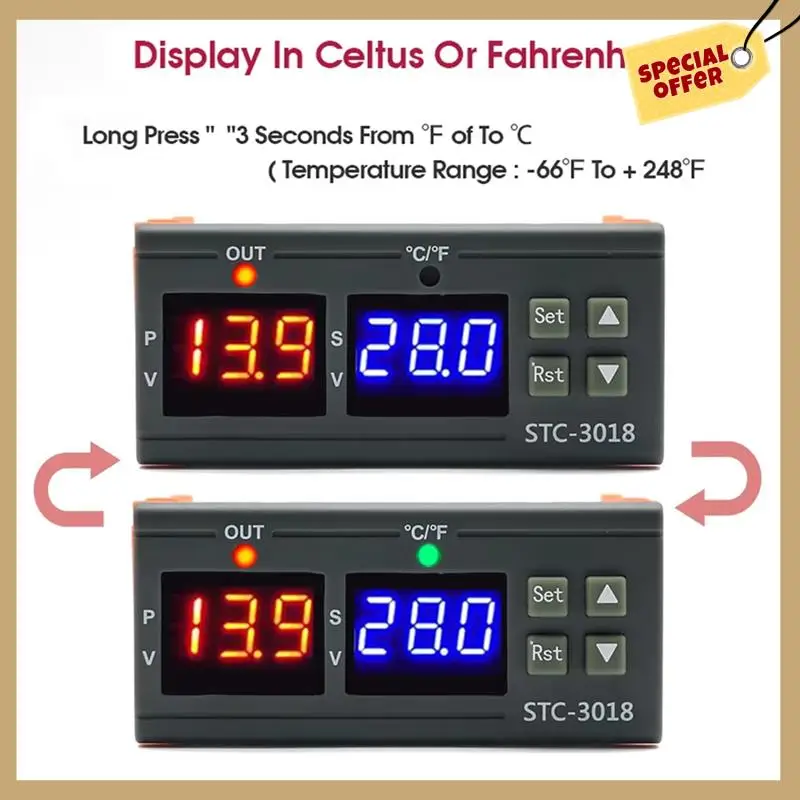STC-3018 двойной цифровой регулятор температуры, два релейных выхода, терморегулятор, термостат с нагревателем, охладитель 24 В