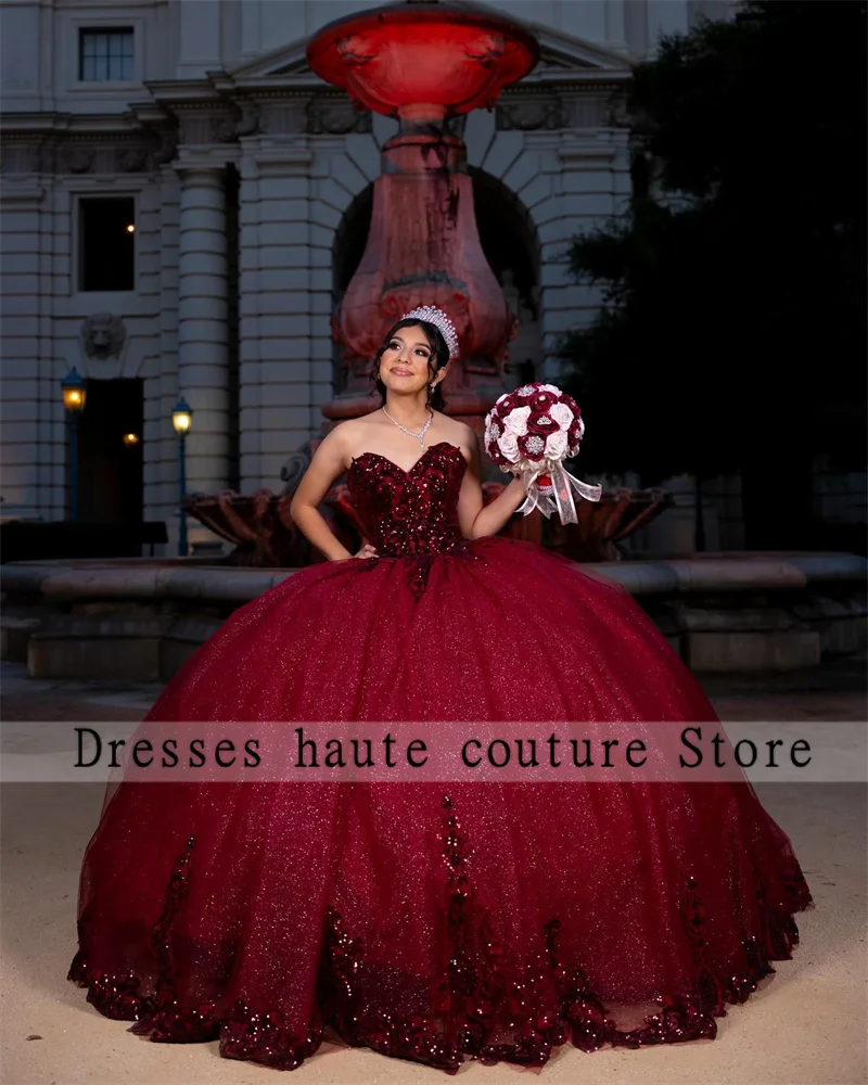 Burgundy Sequin Lace Quinceanera Dresses 2025 Customized Bead Applique Sweet 16 Dress Birthday Gowns Vestido De 15 Anos