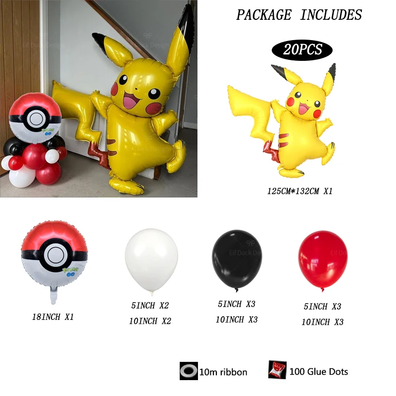 20pcs Cartoon Pokemon Pikachu Theme Foil Balloons Set Red Black Latex Balloon Kids Birthday Baby Shower Party Decora Supplies