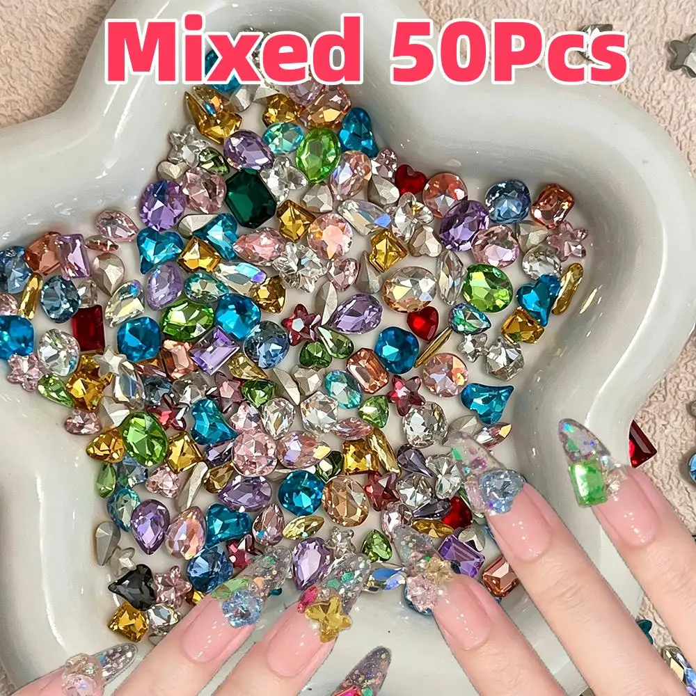 50Pcs 3D Colorful Multi-Shapes Nail Art Rhinestones Square Heart Drop Butterfly Diamond Nails Charms DIY Crafts Manicure Decor 1