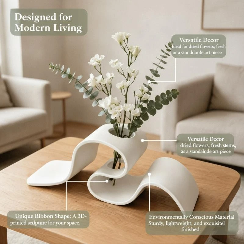 1/3pc Modern Minimalist Curved 3D Printed Vase Creative Ribbon-Shaped Dried Flower Holder Nordic Style Desktop Decorative Vessel