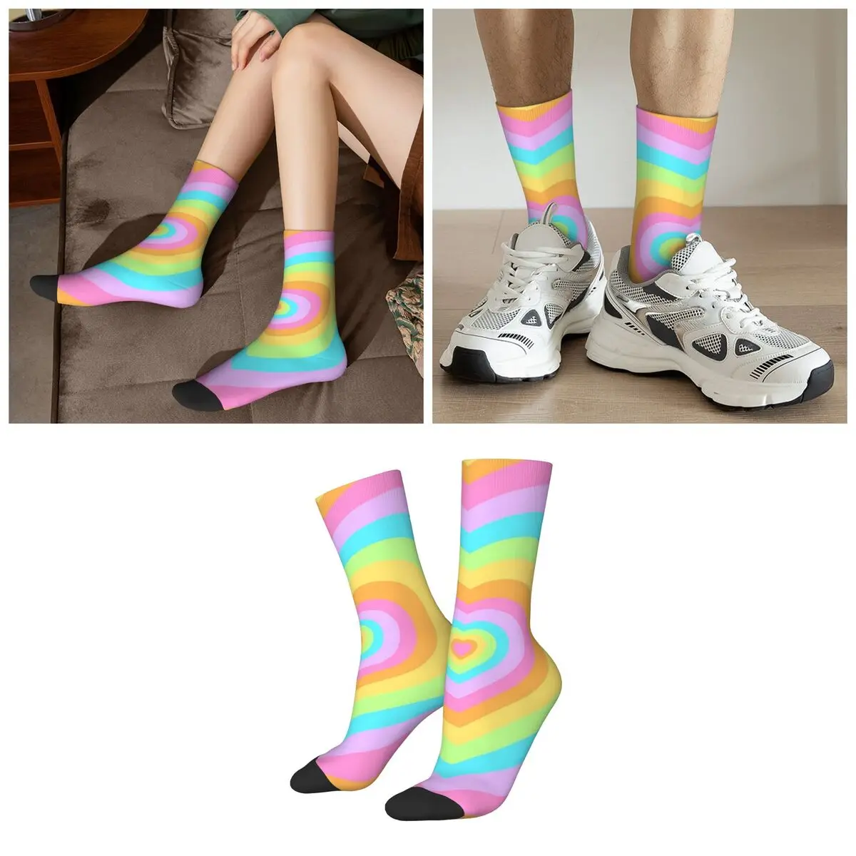 Design Rainbow Color Heart Socks Harajuku Sweat Absorbing Stockings All Season Long Socks for Unisex Valentine's Day Gifts