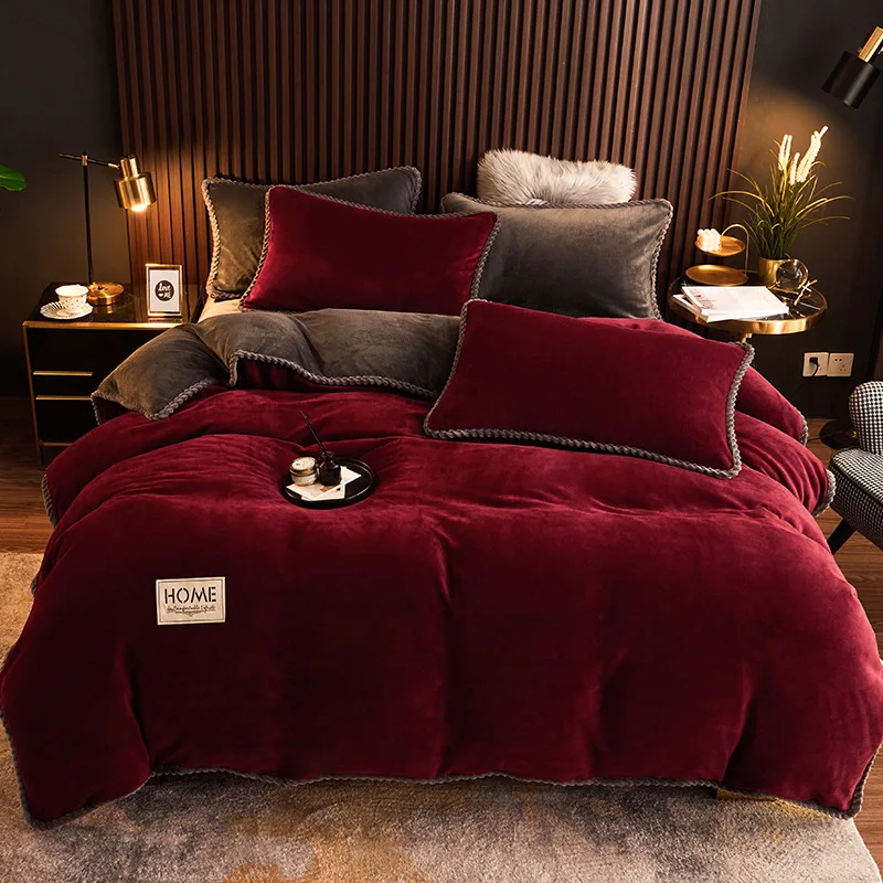 Thickened milk fleece four-piece set crystal fleece thermal bed sheet double-sided fleece quilt cover solid color