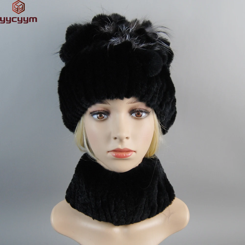 2024 Brand Women Genuine Rex Rabbit Fur Hats Winter Rex Rabbit Fur Beanies Striped Top Flower Fox Fur Warm Real Fur Knit Caps