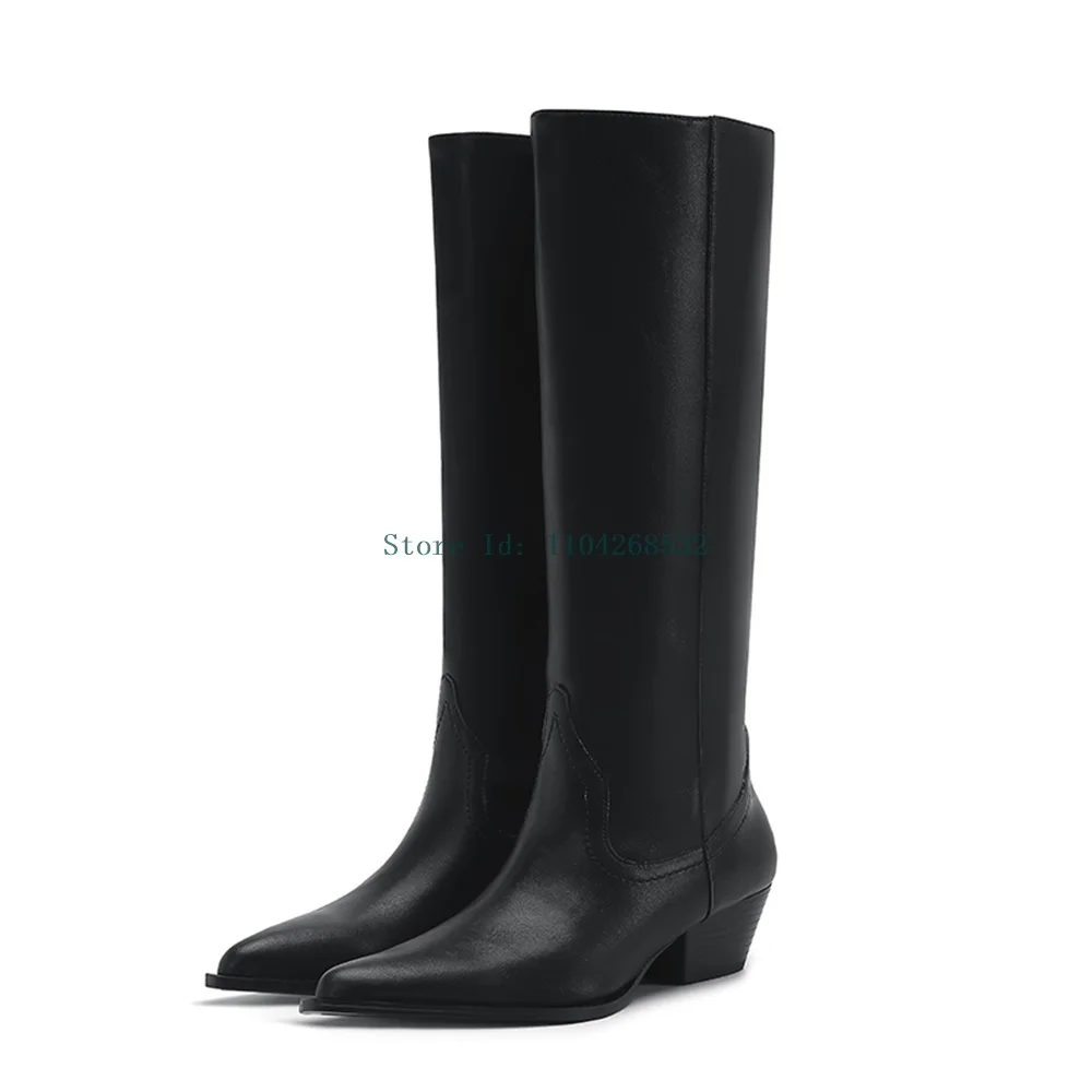 Botas hasta la rodilla de cuero genuino negro, botas sexis con punta cuadrada y sólido sin cordones, nuevas botas modernas de moda para mujer