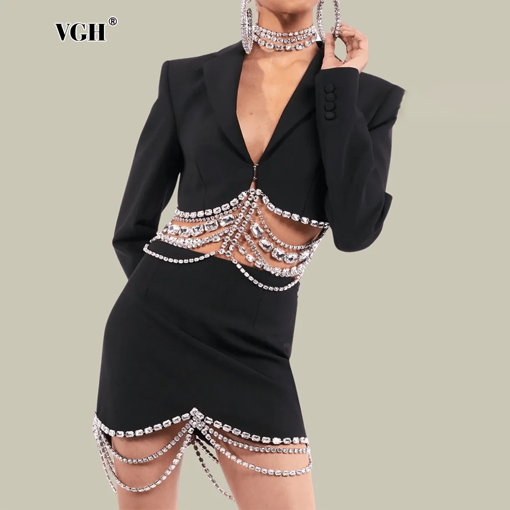 

VGH Solid Spliced Chain Two Piece Set For Women Notched Collar Long Sleeve Blazer High Waist Short Skirts Sexy Chic Sets Female