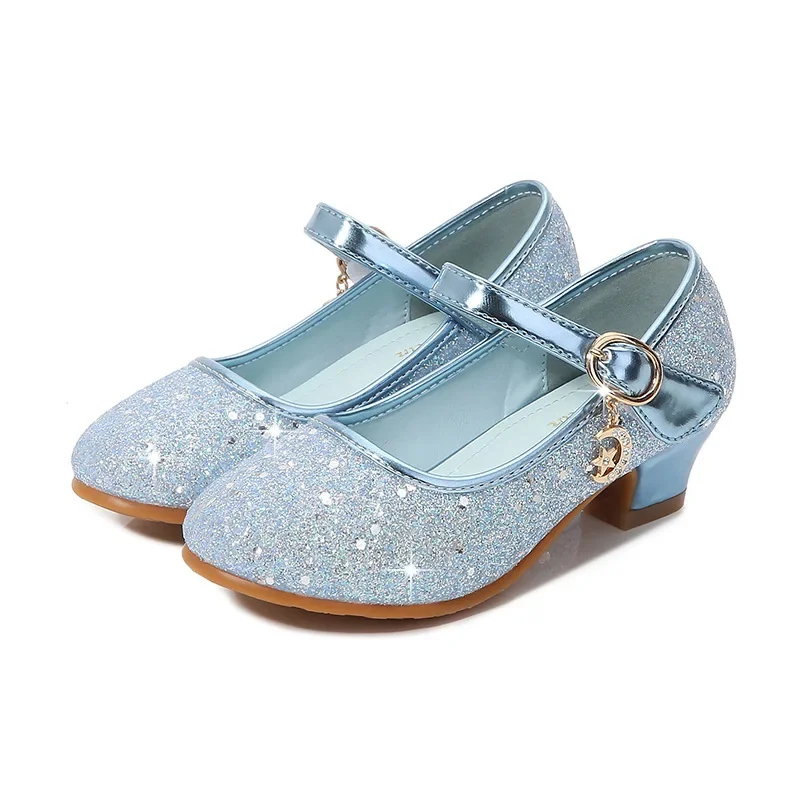 

Children Spring PU Leather Princess Shoes Silver Performance Shoes Sequins Velcro Party wedding High Heels Girls Princess Shoes