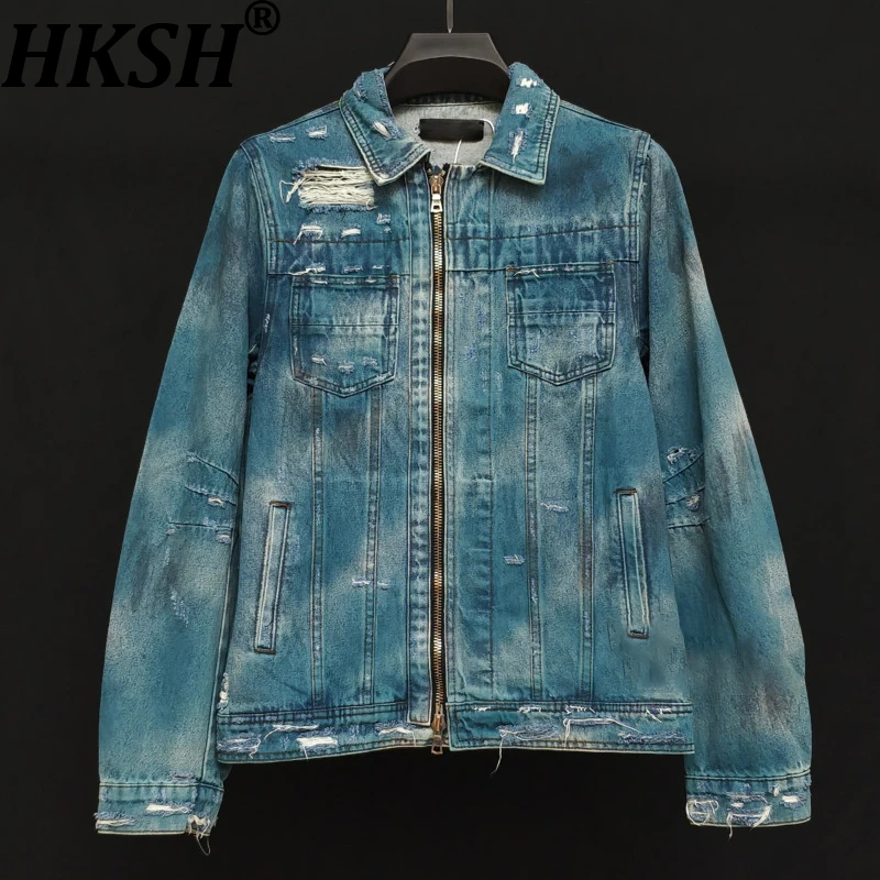 

HKSH Spring Autumn New Men Tide Oil Stain Denim Jackets Vintage Punk High Street Luxury Fashion Versatile Coat Chic Vibe HK17708
