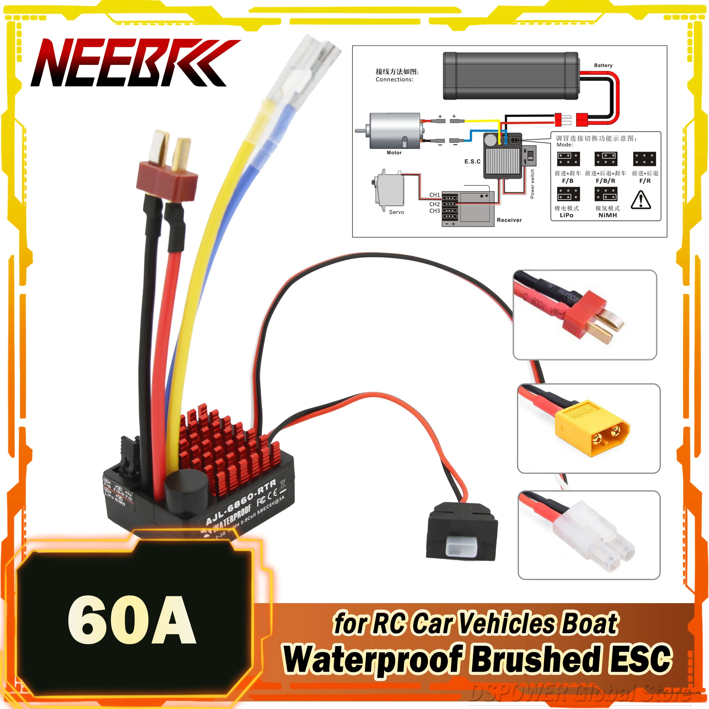 

NEEBRC 60A Brushed ESC Waterproof 6V/3A BEC Built-in 3 Modes T/XT60/Tamiya 2-3S for RC Car Vehicles Boat Tanks 540/550/750 Motor