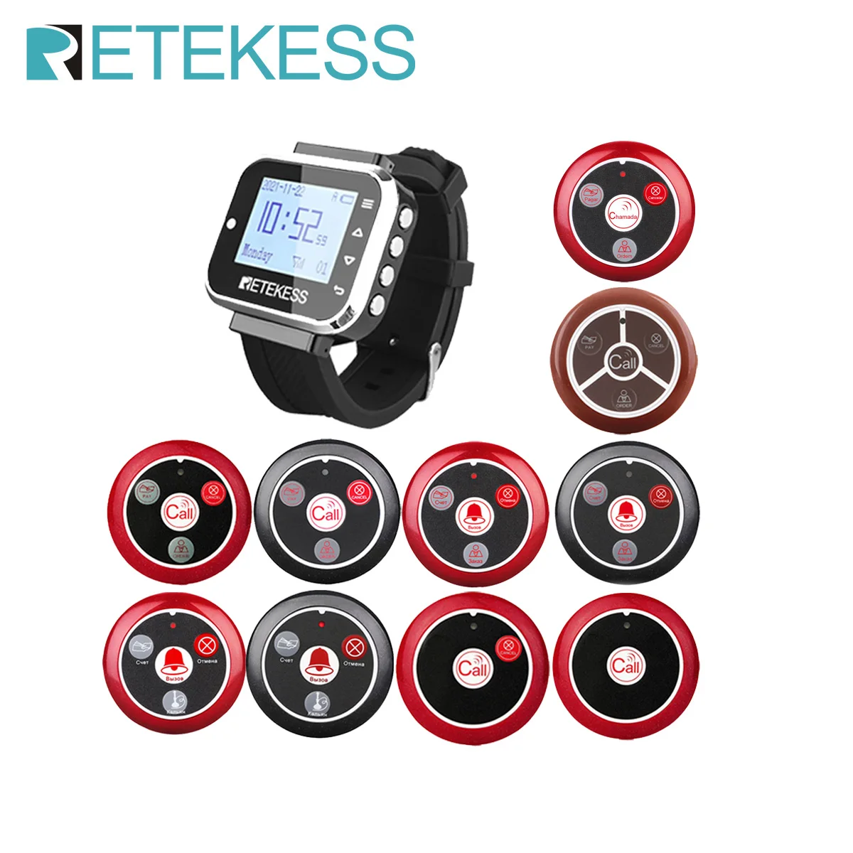 

RETEKESS Wireless Waiter Calling System Restaurant Pager TD110 Watch Receiver +10 T117 Call Button Customer Service For Hookah