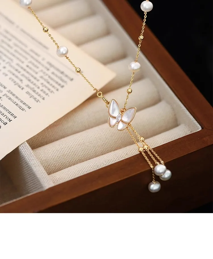 Süßer Schmetterling Design natürliche Süßwasser perle 14 Karat Gold gefüllt weibliche Halskette Schmuck für Frauen kurze Ketten nicht verblassen billig – Detail 6