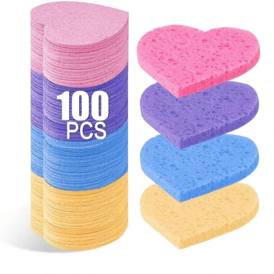 

100-Count Compressed Facial Sponges For Estheticians Heart Shape Natural Cellulose Sponge Professional Cosmetic Spa Sponges For