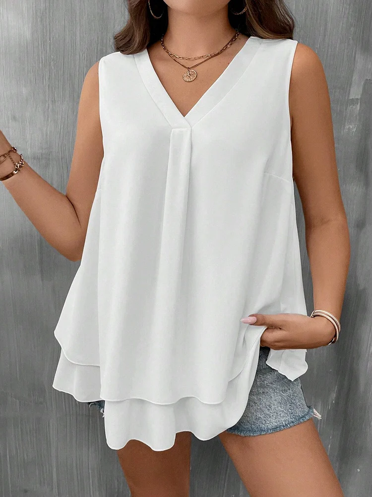 MuGen Plus Size V-Neck Blouse Sleeveless Solid Color T-Shirt Casual Vest Ruffled Blouse 2024 Fashion Loose Tops Women‘s Clothing