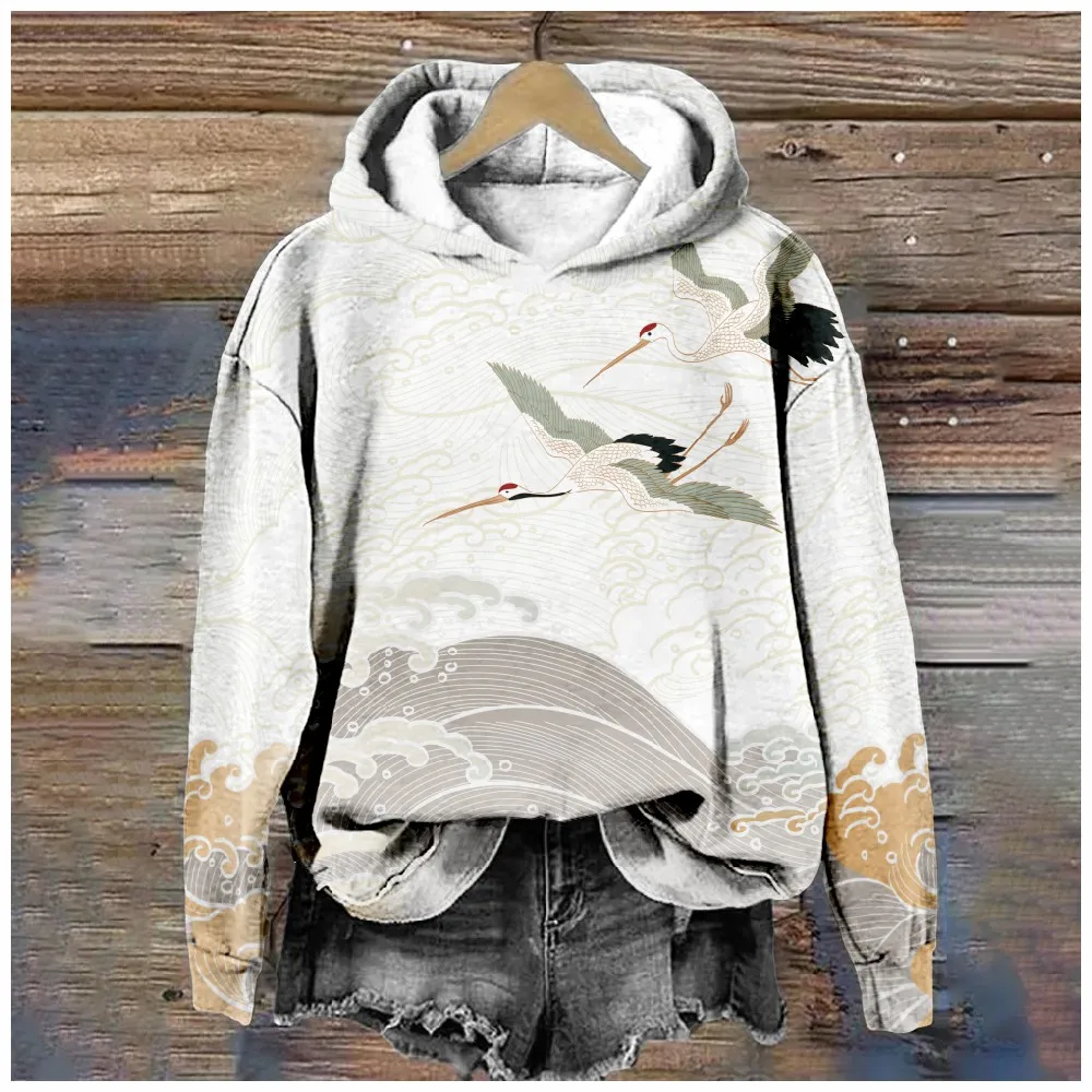 

Women’s White Hoodie with Crane & Wave Print Loose-Fit Pullover Inspired Art Soft for Casual Streetwear Harajuku Unisex Outfits