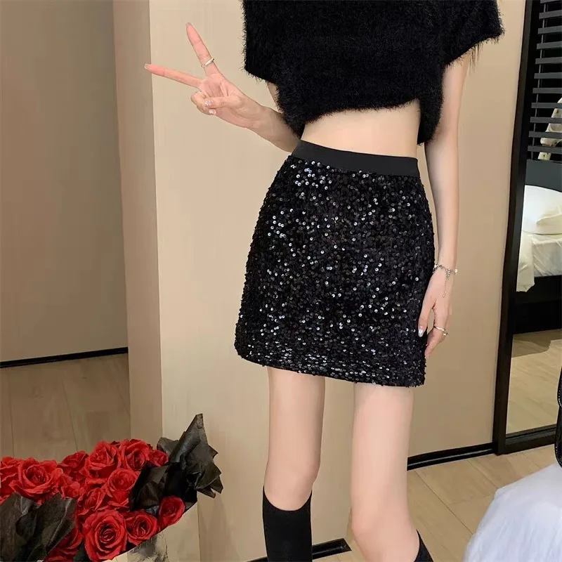 

Velvet Sequined Skirt Women's 2026 Autumn and Winter New Elastic Waist Hip A-word Skirt Fashionable and Thin Black Short Skirt