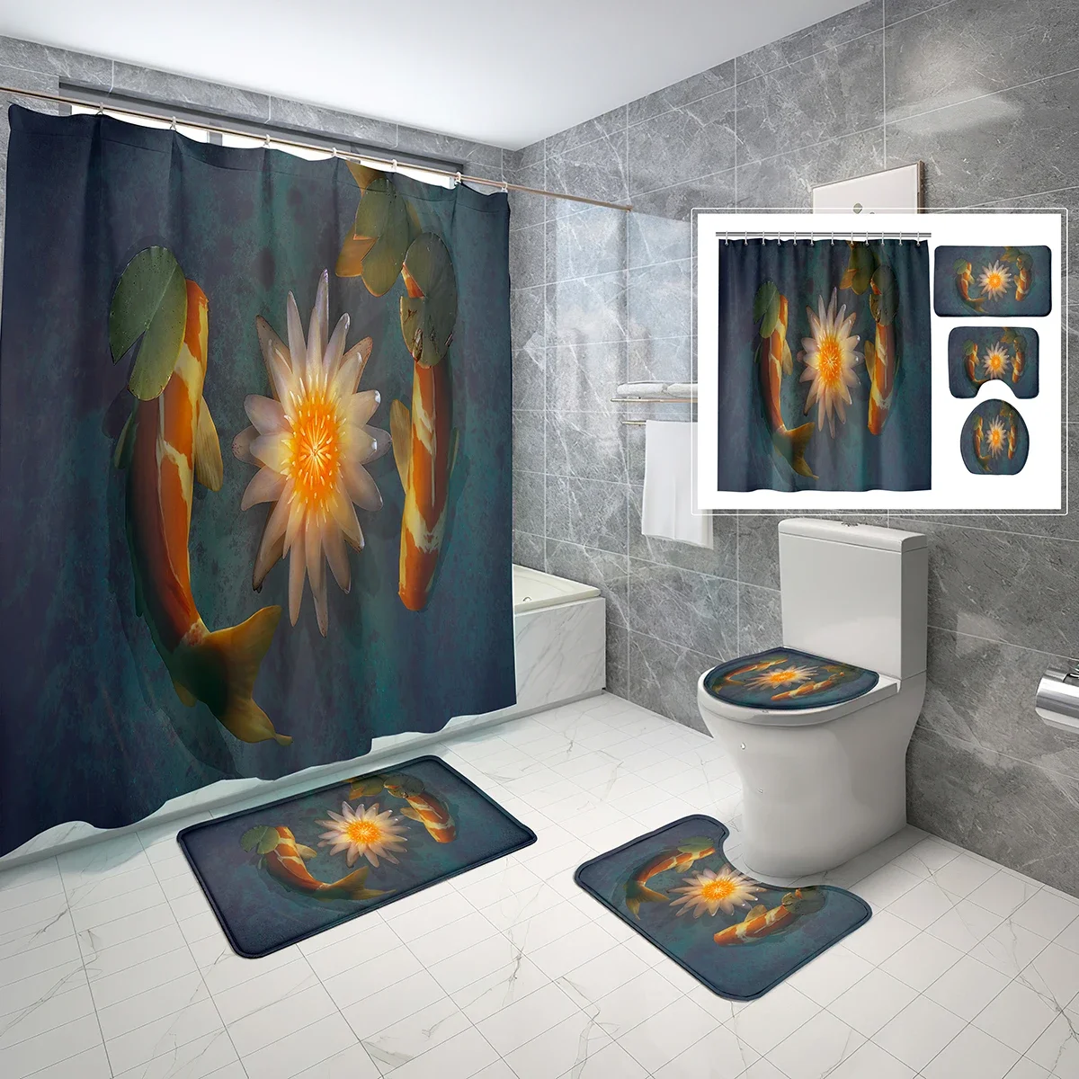 

Oil Painting Fish Shower Curtain Sets 4 Pcs with Non-Slip Rugs Mat Toilet Lid Abstraction Art Waterproof Shower Curtain Set