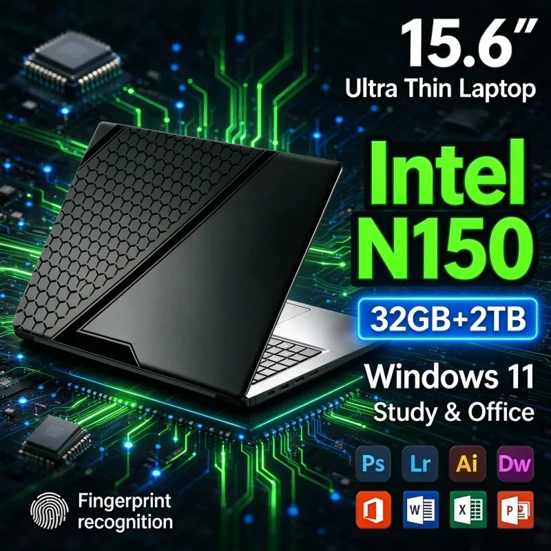 15.6 Inch Windows 11 Laptop Intel N150 32GB RAM 1TB/2TB SSD Ultra Slim Lightweight Portable Notebook For Daily Office Home Work