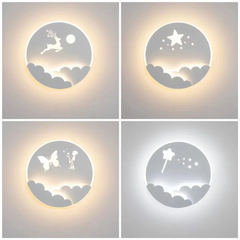 LED Childre's Room Lamp Cartoon Deer Butterfly Moon Star Wall Light for Bedside Boys Girls Kids Home Decoration