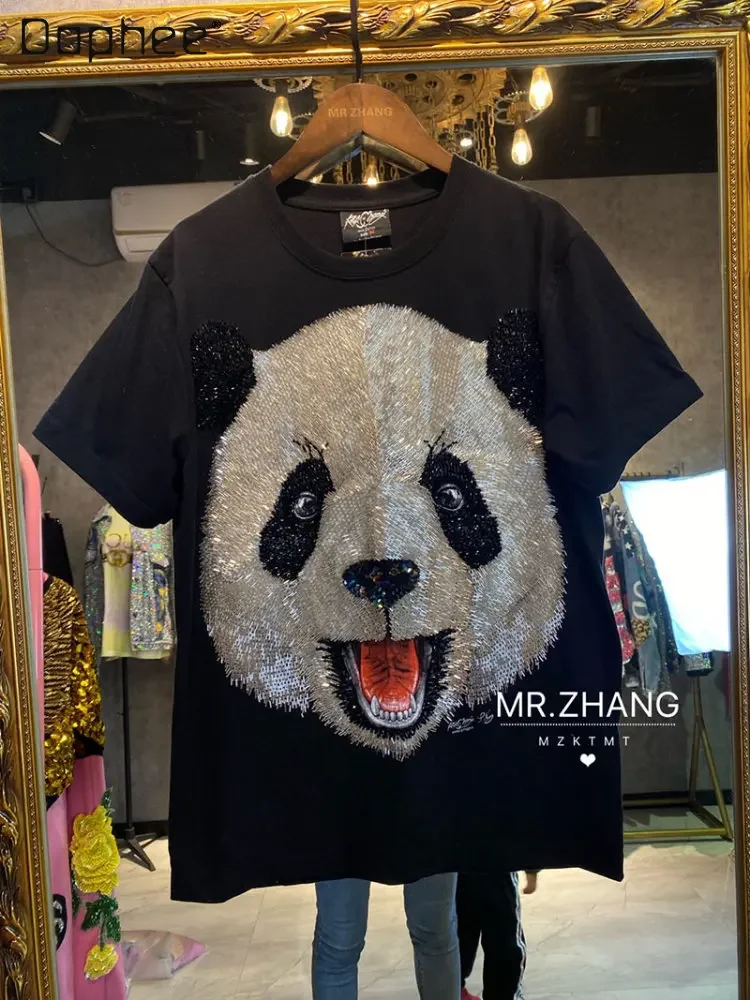 Fashion Brand Heavy Industry Manual Beaded Panda Pattern Short-Sleeved Black T-shirt 2023 Summer Sequined Cotton Round Neck Top