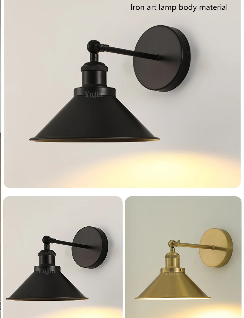 Retro Up Down Adjustable Wall Sconce Mounted Bedside Lamp for Bedroom Decorative Led Wall Lights Iron Shade Black Brass