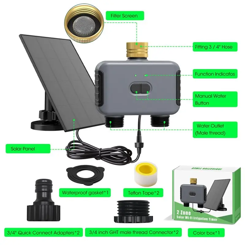 A64K For Garden Hose Dual-Channel Wifi Water Valve Controller Automatic Drip Irrigation Function 3/4