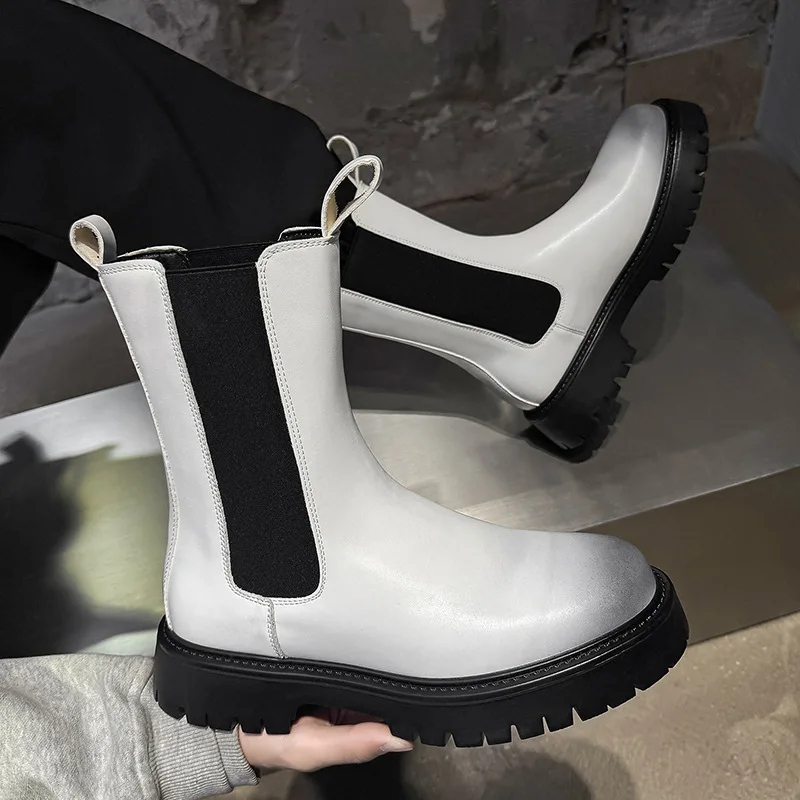 

Мужские повседневные высокие мотоциклетные ботинки в британском стиле, черно-белые оригинальные кожаные туфли, ковбойские ботинки на платформе, осенне-зимние длинные бота