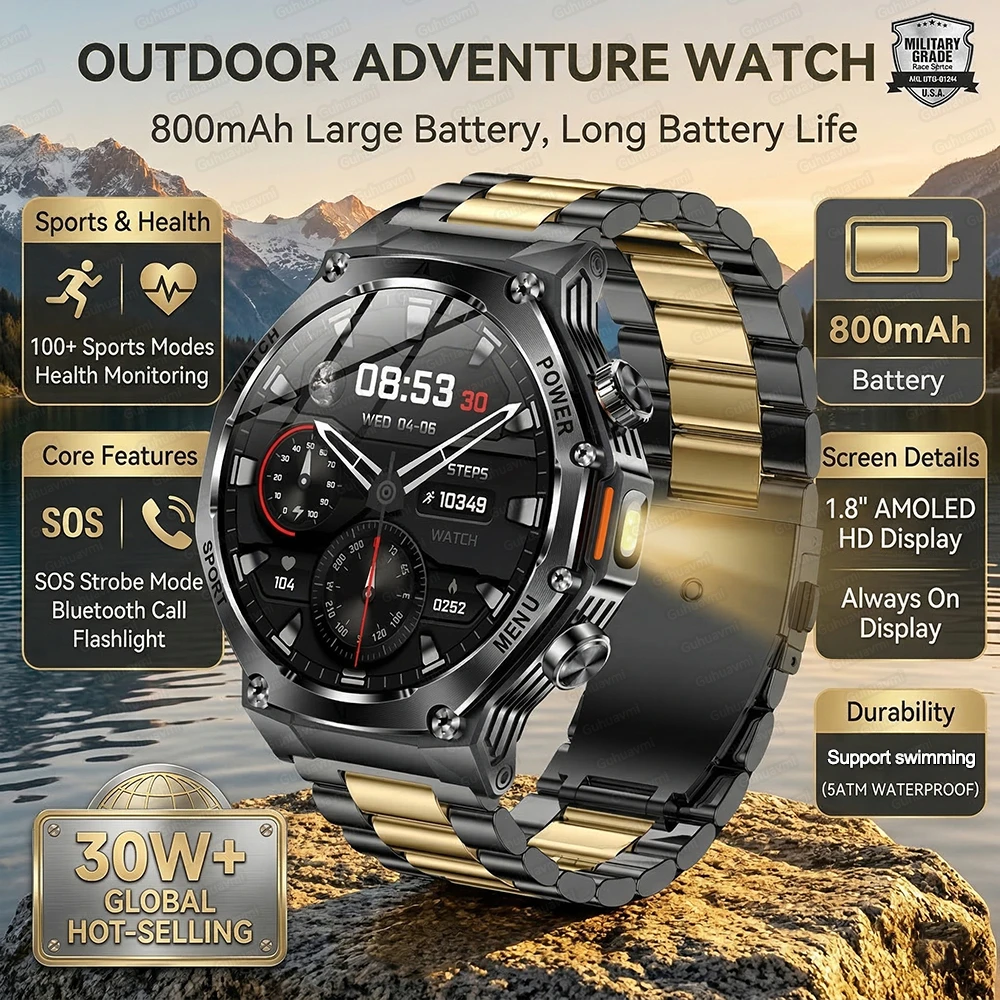 

Новые смарт-часы для активного отдыха 2026 года, мужские, с HD-экраном 1,8 дюйма, водонепроницаемые спортивные часы, с функцией звонков по Bluetooth, военные смарт-часы, аккумулятор 800 мАч