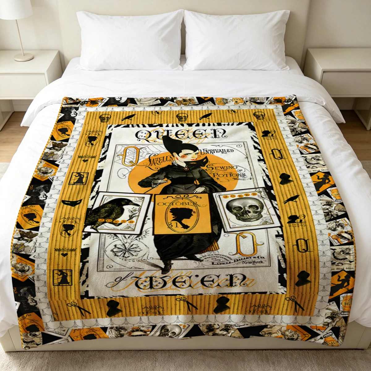 Queen Halloween Sewing Flannel Blanket Warm Soft Halloween Christmas Decorative Couch Warm Cozy All-Season Gift