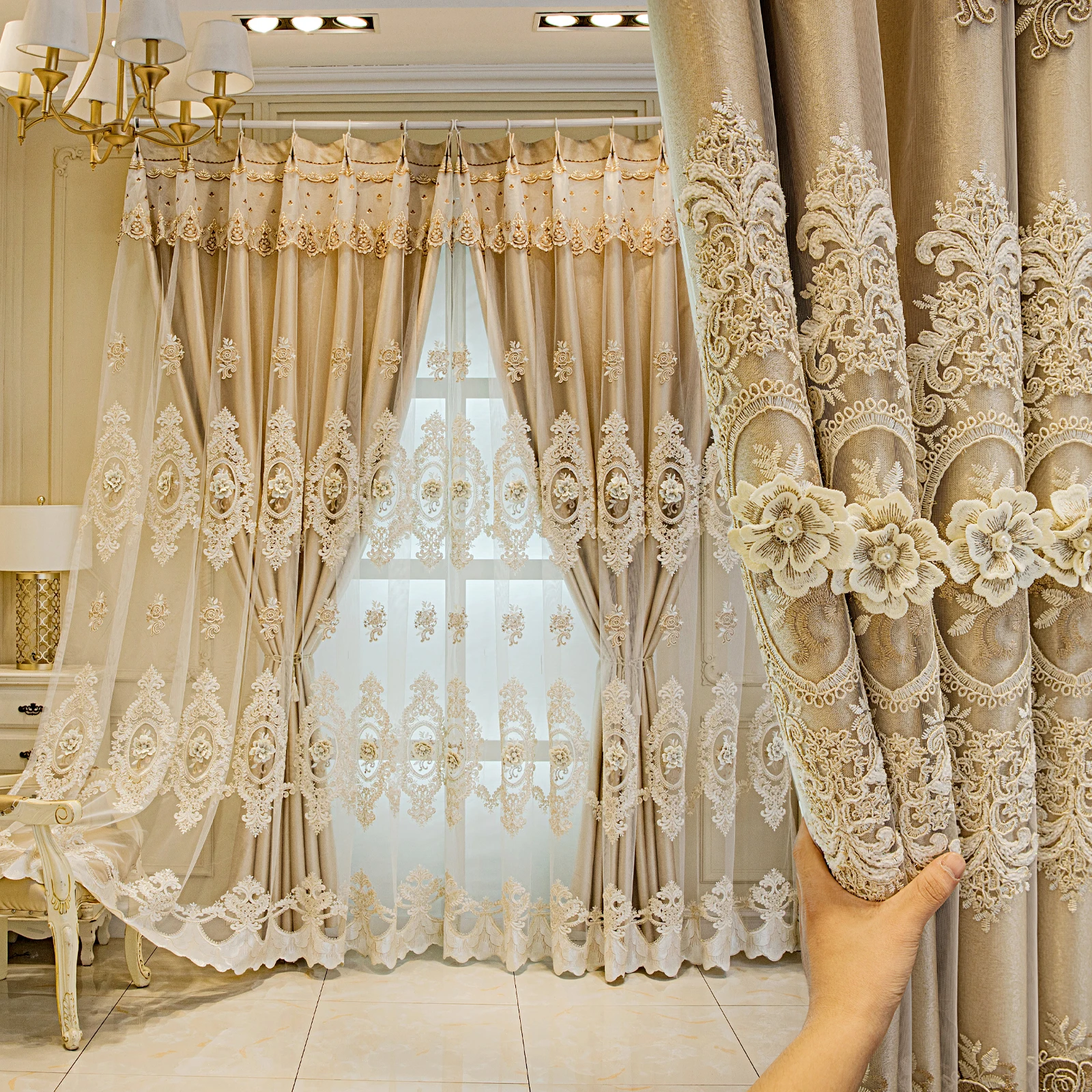 European Luxury Embroidered Floral Curtain Loop Top Thick Blackout Curtains for Living Room Home Decorative Drapes
