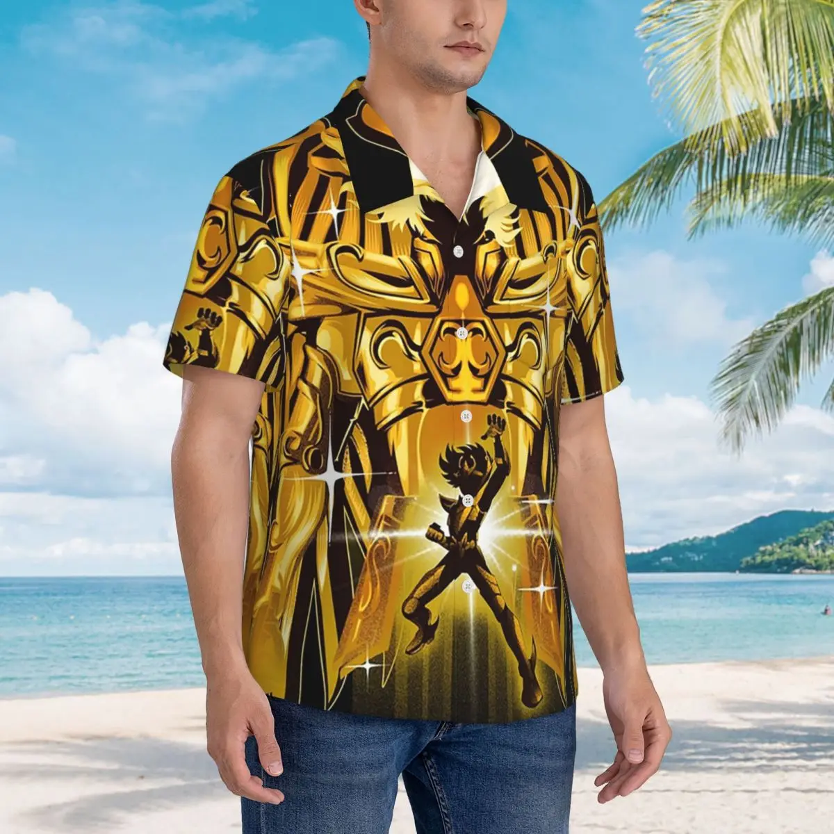 

Knights Of The Zodiac Pegasus Gold Hawaiian Shirts Funny Men Short Sleeve Shirt for Summer Beach Men's Button Tops