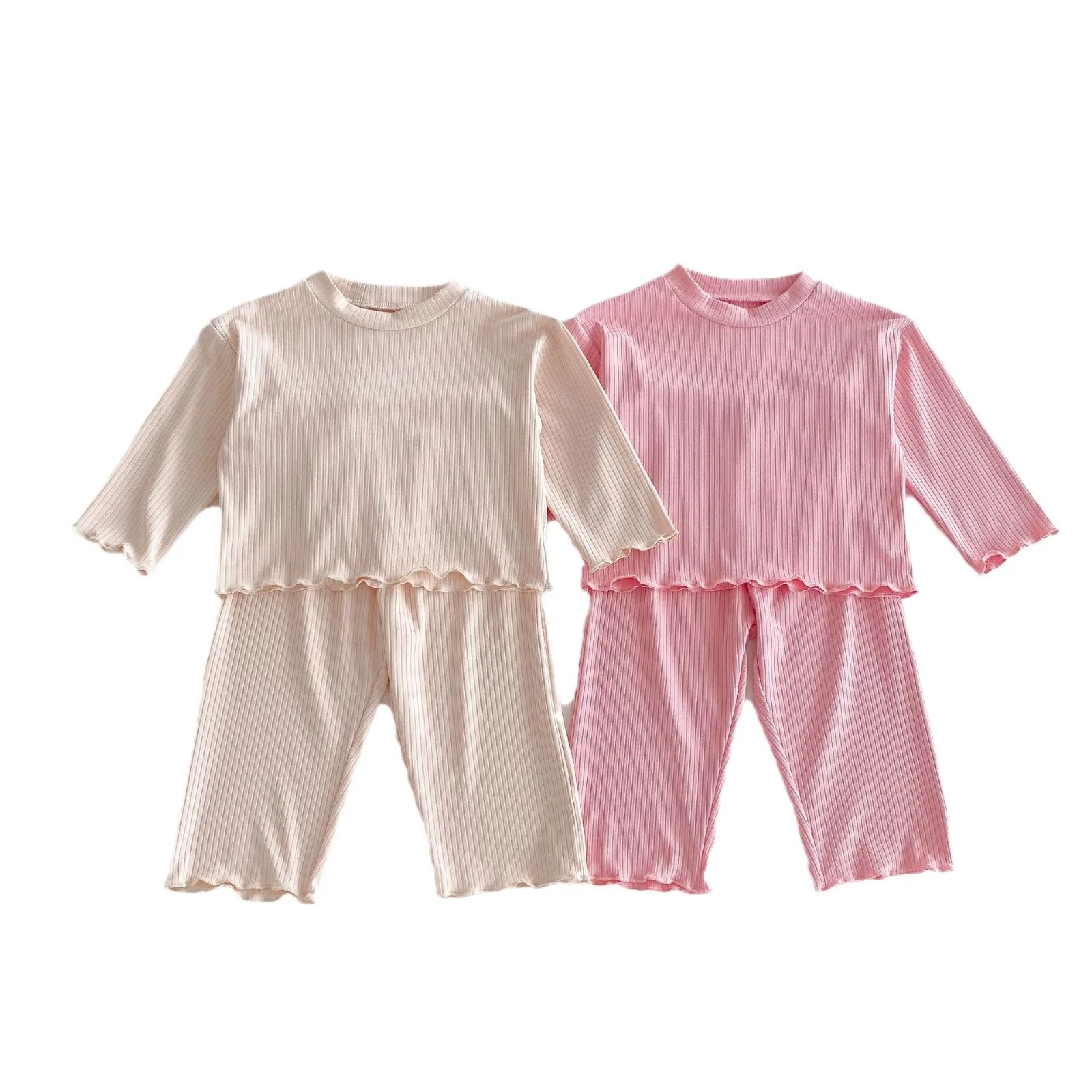 Baby Girls' Long Sleeve Cotton Home Clothing Set, roupas de criança, terno confortável e versátil, infantil, sólido, primavera, novo, 2pcs, 2024