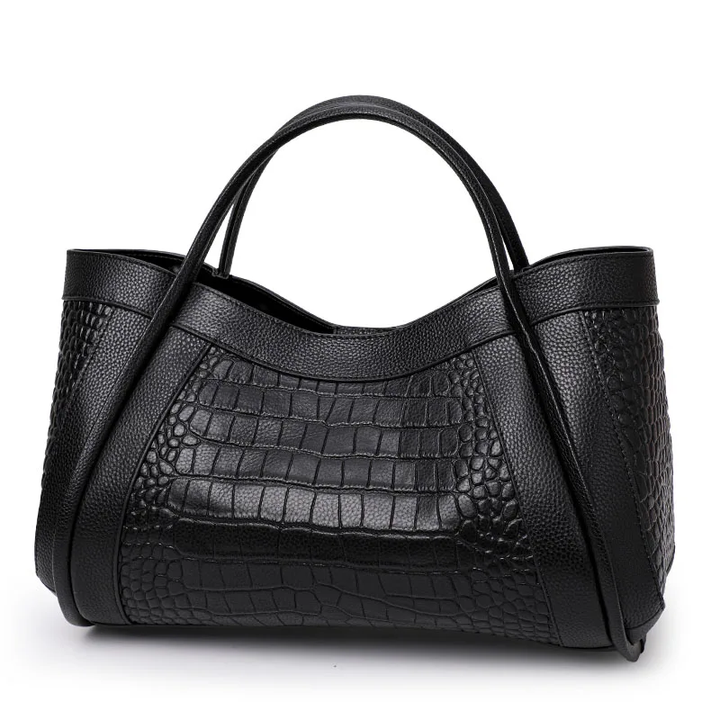 Aidrani Light Luxury Crocodile Pattern Cowhide Women\'s Handbag Large Capacity Black Fashion One Shoulder Crossbody Bag