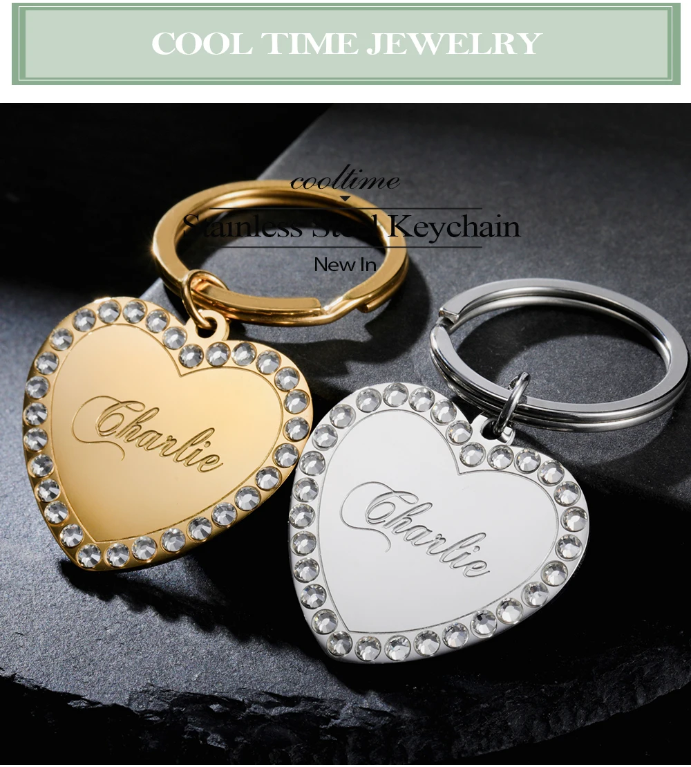 COOLTIME Heart Custom Engraved Keychain Stainless Steel Personalized Love Heart Custom Keychain Jewelry Bag Accessories