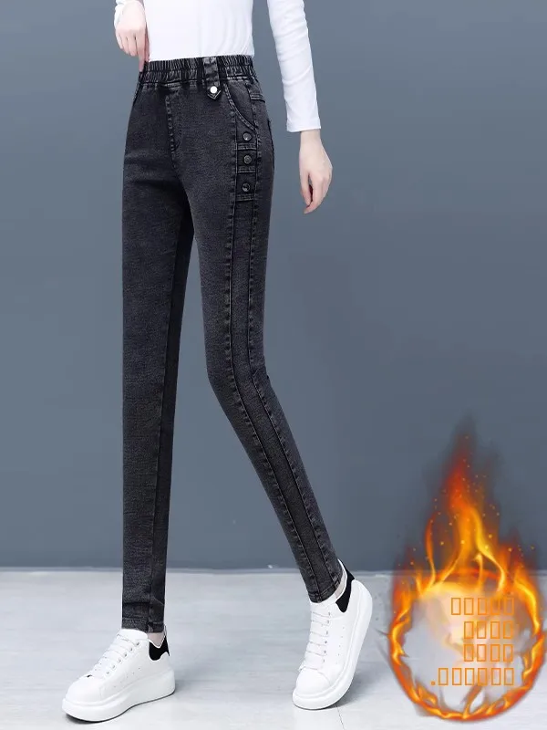 

plus Size Mom Jeans Women's Fleece Lined Slim Fit Base Layer Pants High Waist Thick Denim Casual Style Autumn Season