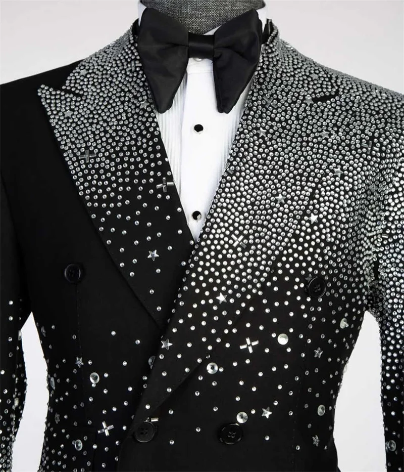 Luxury Crystals Men Suits Set 2 Pcs Blazer+Black Pant Trousers Shiny Wedding Tuxedos Formal Office Groom Prom Jacket Coat