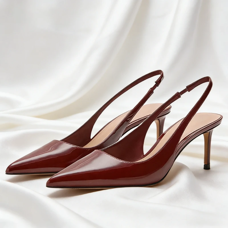 

High-Quality Burgundy Patent Leather Pumps for Women Fashion Pointed-Toe Slingback High-Heel Sandals Elegant Evening Dress Shoes