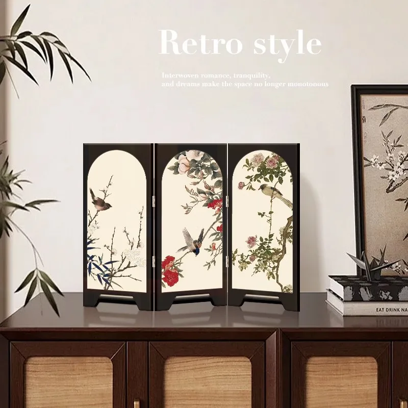 3 Links Folding Desktop Screen Ornament Chinese Ink Bamboo Flower Bird Painting Mini Tabletop Partition Cabinet Home Decor