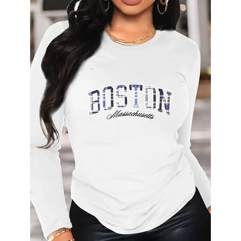Women's Long Sleeve T-Shirt BOSTON Massachusetts Plaid Letter Print Crew Neck Casual Slim Spring Fall Tops