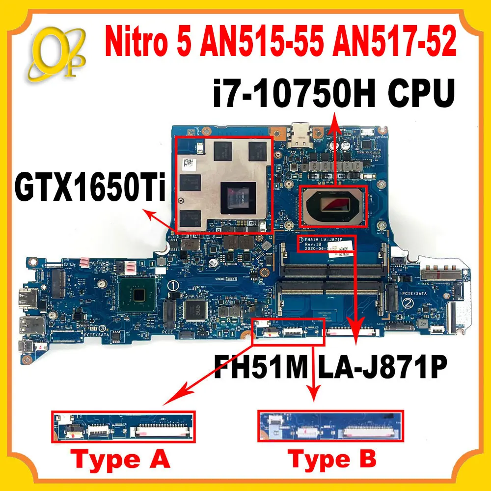 FH51M LA-J871P motherboard for Acer Nitro 5 AN515-55 AN517-52 laptop motherboard i7-10750H CPU GTX1650Ti 4G GPU DDR4 100% tested