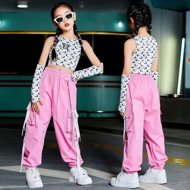 Rosa hip-hop street dance clothe rave roupas verão menina define k-pop outfit colheita topos carga calças desempenho traje 120-170cm