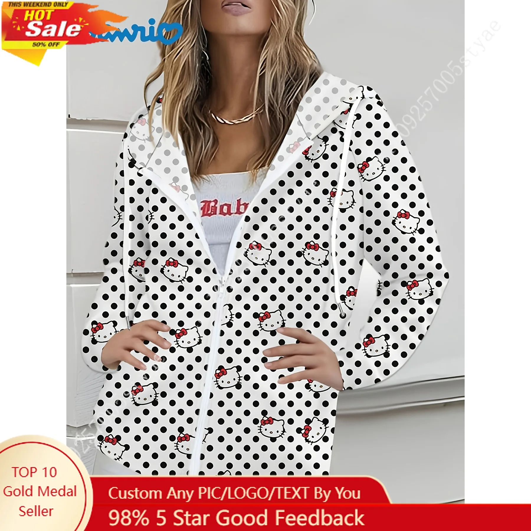 

Hello Kitty Polka Dots Pattern Summer Casual Style Zipper Hooded Jacket for Woman