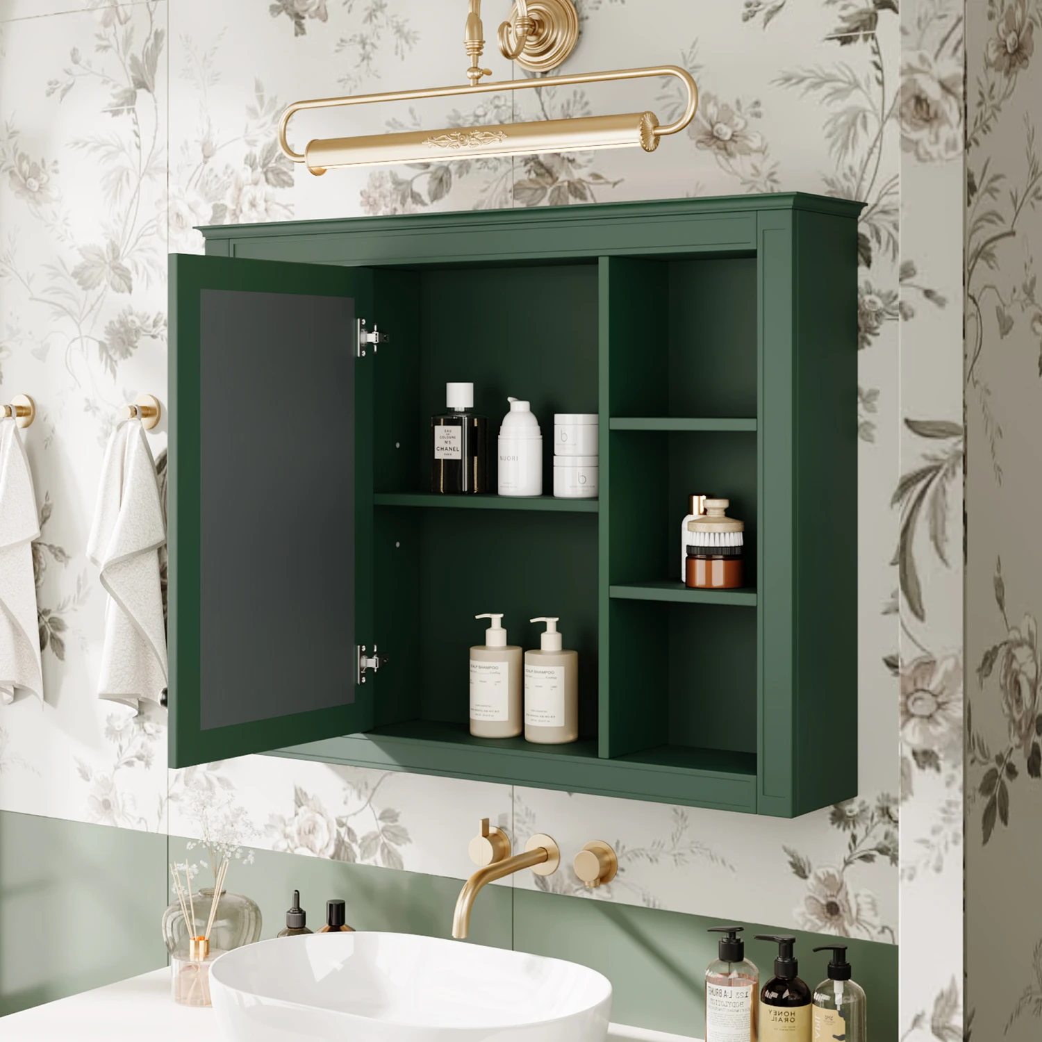 

35'' x 27.5'' Medicine Cabinet, Wall Mounted Bathroom Storage Cabinet with Mirror, Modern Design, 6 Open Shelves