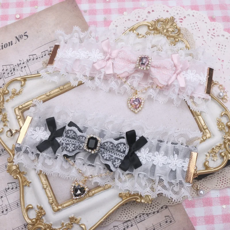 Handmade Sweet Cute Lace Bow Chain Rhinestone Love Pendant Girls Bracelet Japanese Style Lolita Women's Lace Oversleeves