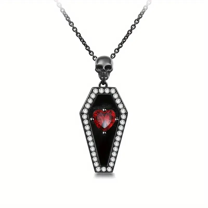 Vintage Gothic Coffin Pendant Necklace with Red Heart zirconia Skull Detail, Synthetic Stones, Copper Chain, Dark Plating - Vers