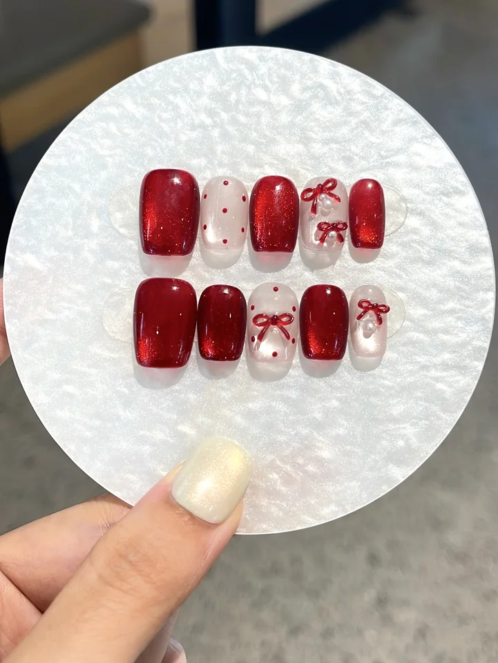 XMSJ 10 piezas puramente hechas a mano rojo ojo de gato moño 3D lunares desmontables 4