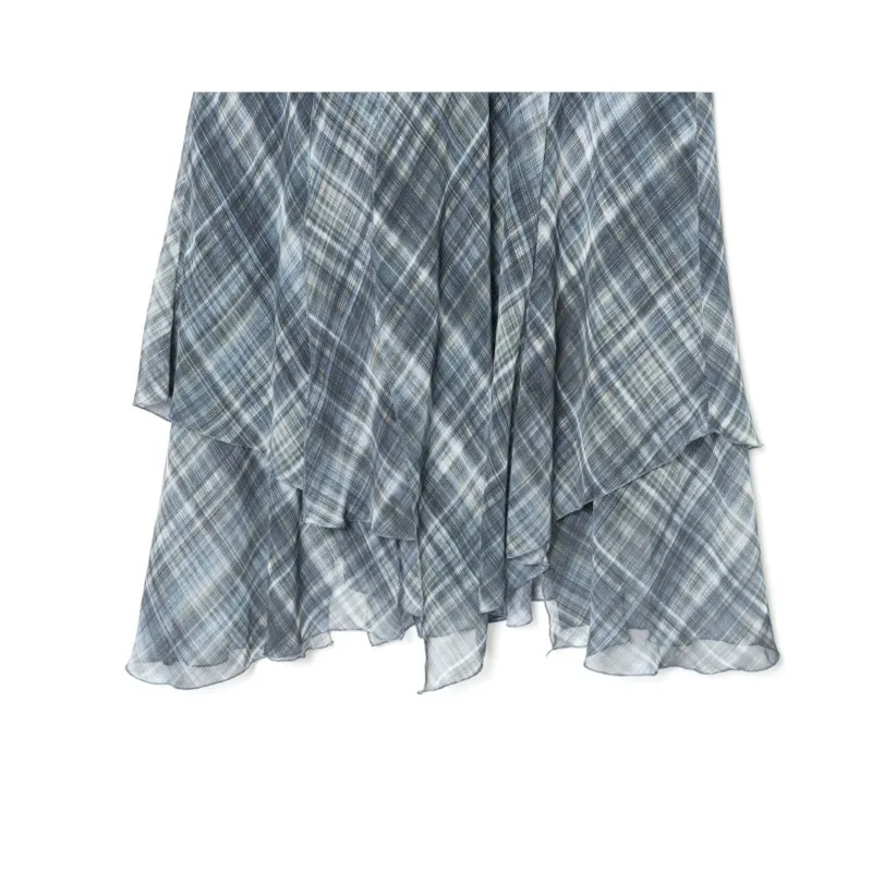 Spring Summer Women Asymmetric Check Midi Skirt Casual High Waist Women's Side Zip Lady Skirts with Gathers Female Chic Skirts