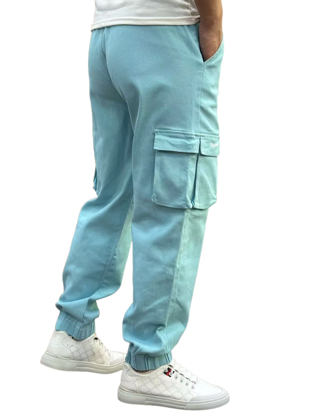 KING JEANS メンズ スカイブルー パンツ ウエストゴム入り おしゃれ トレンド ヒップホップスタイル 多機能ポケット カフス付きパンツ