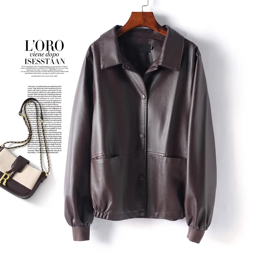 New Women Spring Autumn Split Leather Jacket Fashion Turn-down Collar Long Sleeve Loose Jacket Casual Daily Short Leather Coat