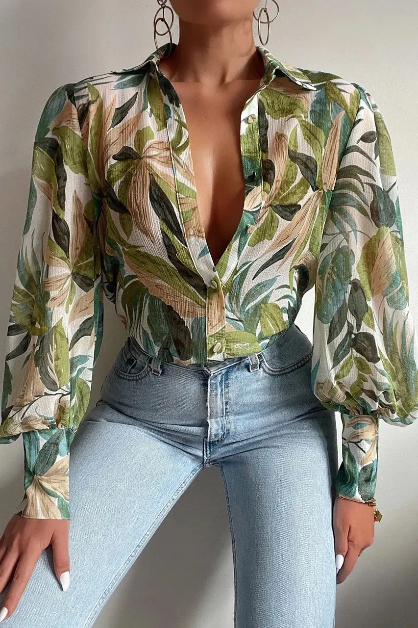 Vintage Floral Print Blouse Women Turn-down Collar Lantern Sleeve Shirt Elegant Boho Beach Streetwear Summer Outfits Female Tops