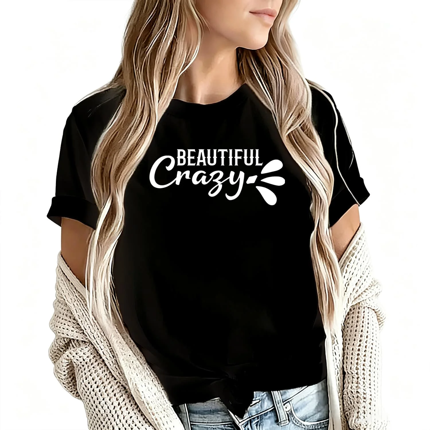 Beautiful Crazy Vinyl Iron Transfer Decal Women's T-Shirt 100% Cotton Funny Graphic Short Sleeve Tee Novelty Shirt Casual Crew Neck Top S-5Xl
